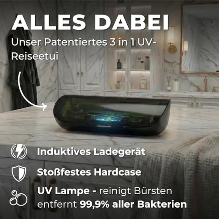 Tristan Auron Schallzahnbürste Business Class - Schallzahnbürste mit UV-Case & 2 Aufsätzen – Sonic Technologie – 60 Tage Akkulaufzeit – Ideal für Reisen & tägliche Anwendung (Schwarz) – Bild 3