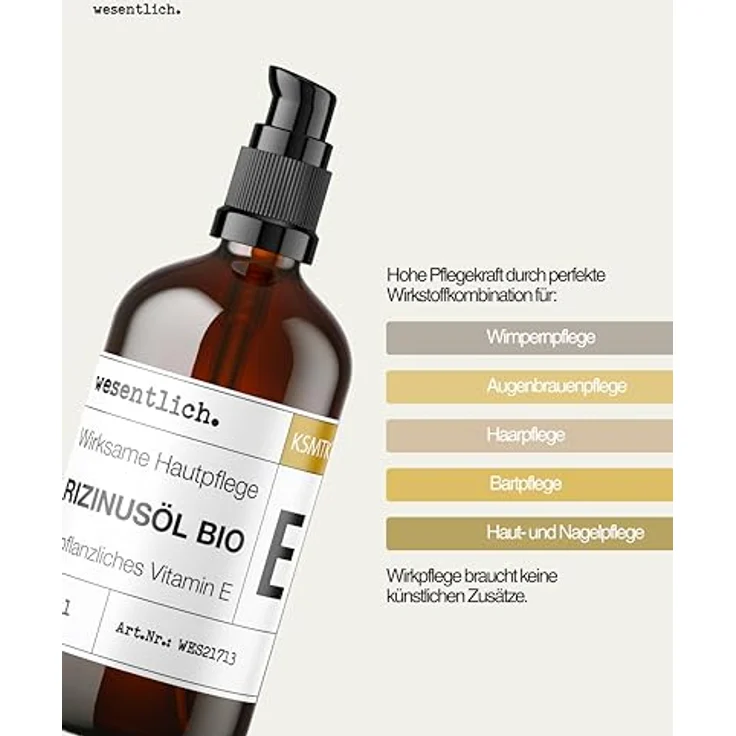wesentlich. Rizinusöl BIO 100ml, kaltgepresst & angereichert mit Vitamin E, für Gesicht, Haut, Wimpern & Haare, in Glasflasche mit Pumpspender – Bild 4