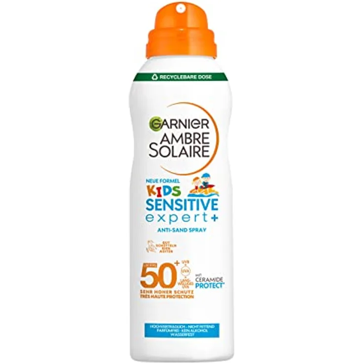 Garnier Sonnenspray LSF 50 für Kinder, Wasserfest und Sandabweisend, Ambre Solaire Kids Sensitive expert+ Anti-Sand Spray LSF 50+, 1 x 150 ml