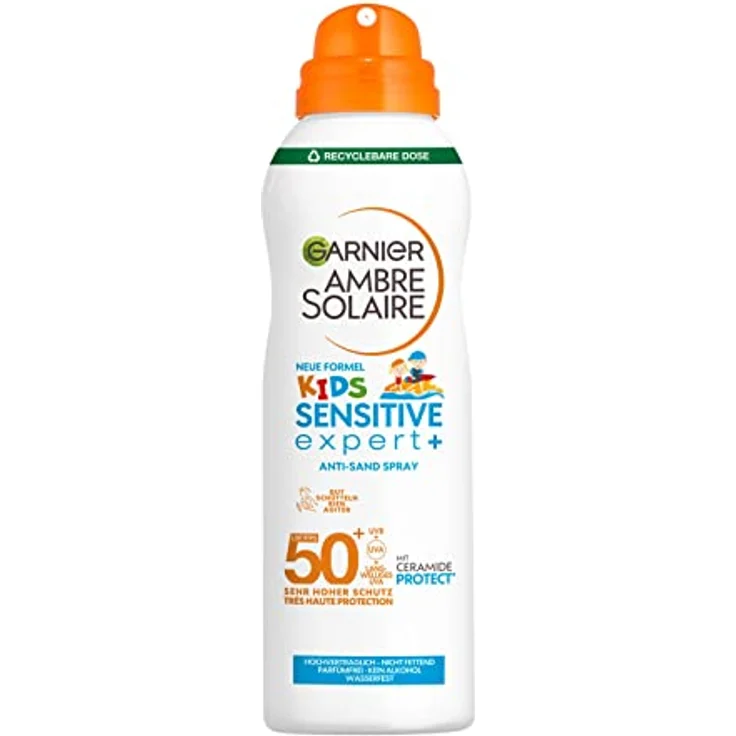 Garnier Sonnenspray LSF 50 für Kinder, Wasserfest und Sandabweisend, Ambre Solaire Kids Sensitive expert+ Anti-Sand Spray LSF 50+, 1 x 150 ml – Bild 1