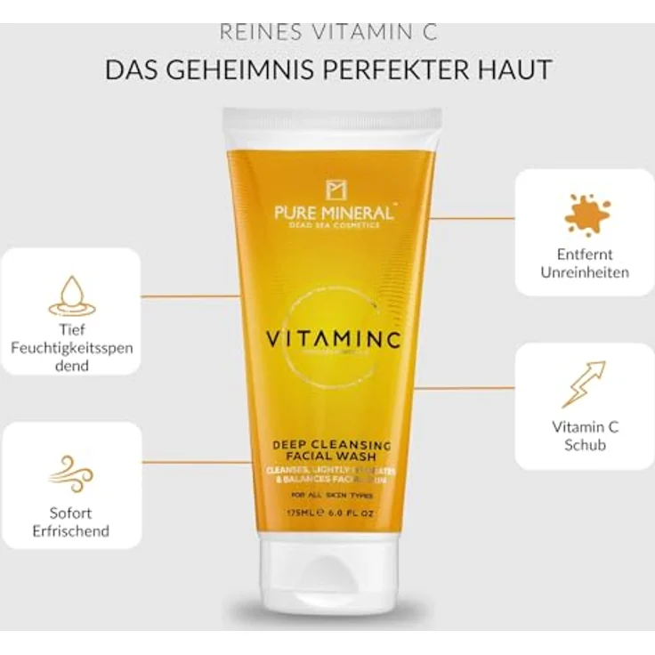 M PURE MINERAL DEAD SEA COSMETICS Pure Mineral - Tiefenreinigender Gesichtsreiniger mit Tote Meer Mineralien und Vitamin C, für alle Hauttypen, ohne Silikone, Sulfate, Parabene - 175ml – Bild 2