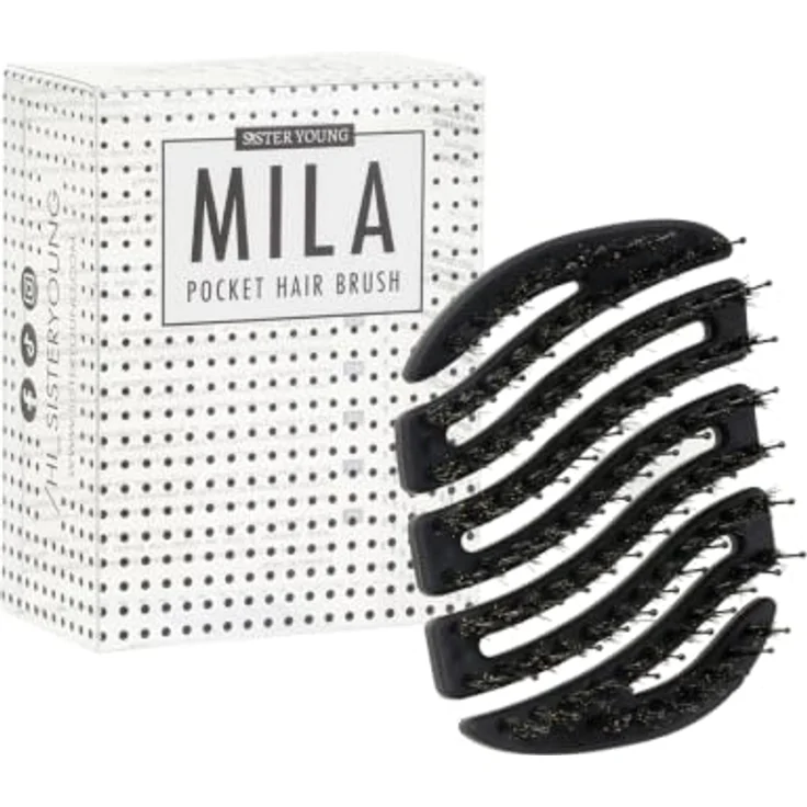 Sister Young MILA BLACK BV - No Tangle Bürste mit natürlichen Wildschweinborsten und Nylonstiften, kompakt für unterwegs – Bild 1