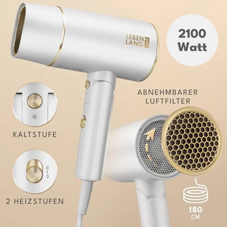 LEBENLANG Föhn Haartrockner Ionen 2100W, klappbar und leicht mit Anti-Spliss & Kaltluftmodus, inkl. Reisebeutel - schwarz – Bild 4