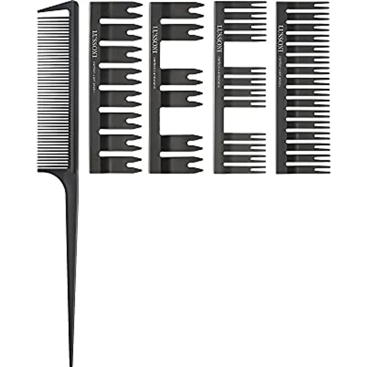 T4B LUSSONI DC 500 Stielkamm Set mit 4 Aufsätzen für Alle Haartypen aus Kohlenstoff, Strähnenkamm Färbekamm für Haarfärben und Haarstyling, für Männer und Frauen