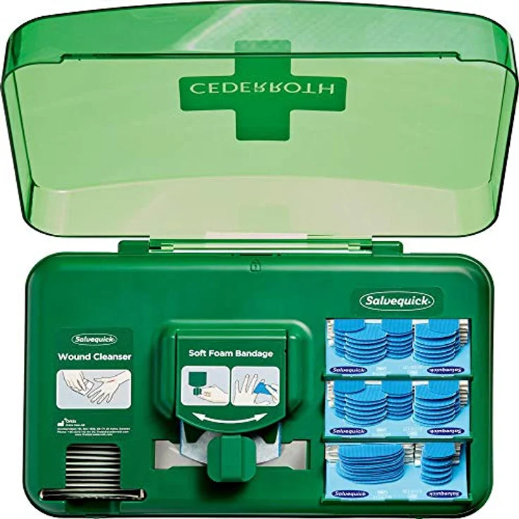 Cederroth Wound Care Dispenser Blue, Erste Hilfe Set mit Soft Foam Bandage und Wundreinigungstuch, detektierbare Pflaster – Bild 2