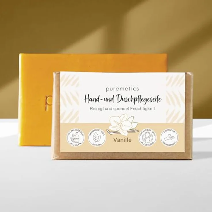 puremetics Hand- und Duschpflegeseife Vanille, vegane feste Seife für alle Hauttypen, 75 g – Bild 2