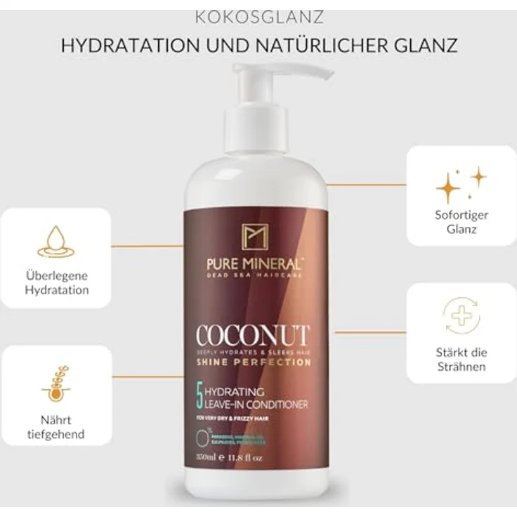 M PURE MINERAL DEAD SEA COSMETICS Pure Mineral Leave-in Conditioner mit Kokosöl - 350ml, feuchtigkeitsspendend und glanzgebend, ohne Sulfate, Parabene und Petrolate – Bild 2