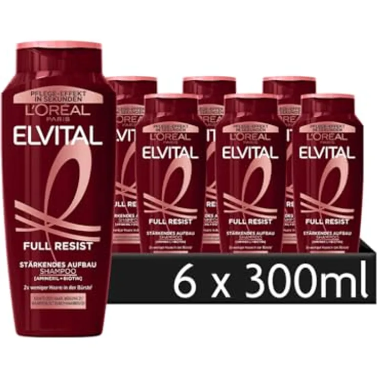 L'Oréal Paris Elvital Full Resist Power Booster Aufbau-Shampoo, gegen Haarausfall durch Haarbruch, mit Biotin, 6 x 300 ml