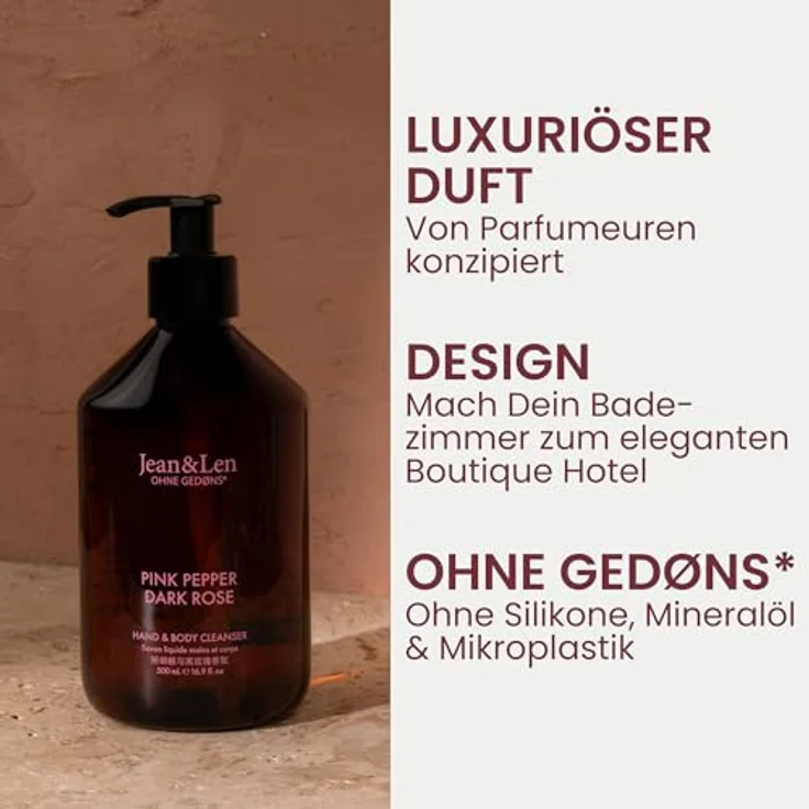 Jean & Len Hand & Body Cleanser Pink Pepper & Dark Rose, vegane Flüssigseife mit sinnlich-floralem Duft, 500 ml – Bild 2