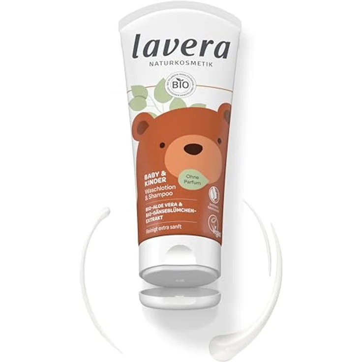 Lavera Baby & Kinder Waschlotion & Shampoo DT, 2-in-1 Reinigung für empfindliche Haut und Haar, 200 ml, vegan und NaTrue-zertifiziert – Bild 2