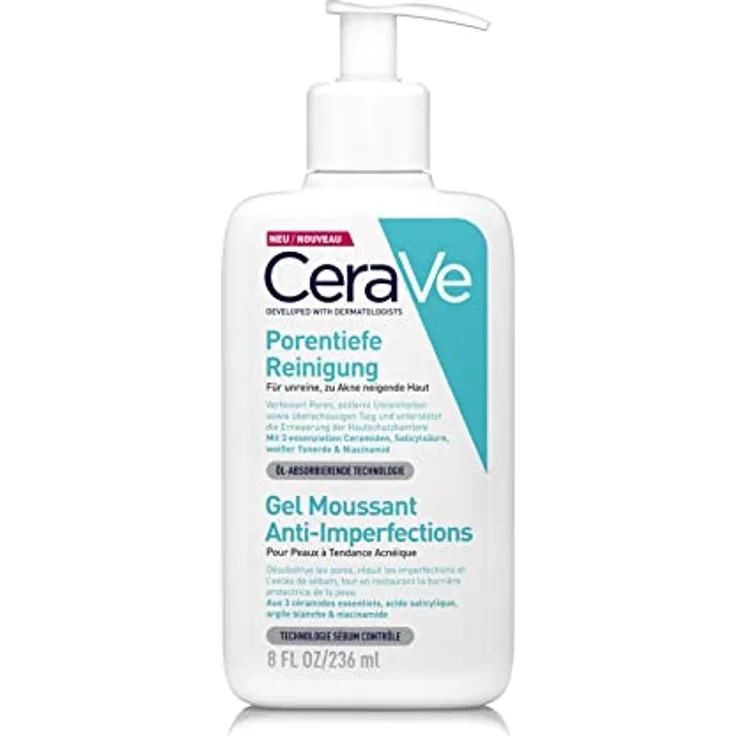 CeraVe Porentiefe Reinigung für das Gesicht, Schäumendes Reinigungsgel gegen Pickel, Für unreine und zu Akne neigender Haut, Mit Tonerde und Niacinamid, 1 x 236 ml