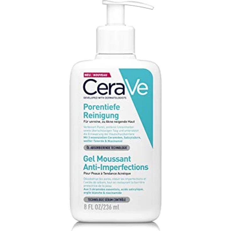 CeraVe Porentiefe Reinigung für das Gesicht, Schäumendes Reinigungsgel gegen Pickel, Für unreine und zu Akne neigender Haut, Mit Tonerde und Niacinamid, 1 x 236 ml – Bild 1