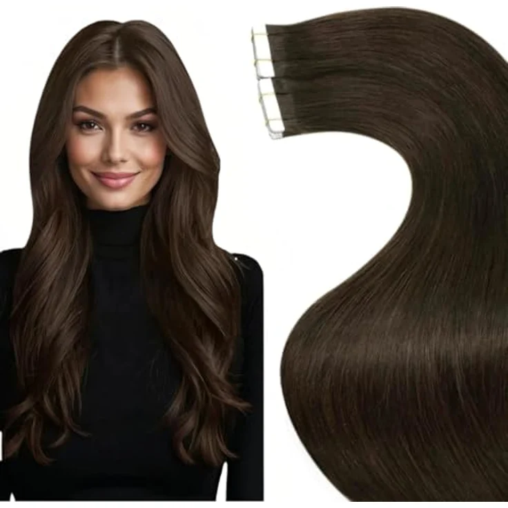 LaaVoo 70cm Tape Extensions Echthaar Dunkelstes Braun, 100% Remy Echthaar, 20PCS, 65G, nahtlos und wiederverwendbar – Bild 1