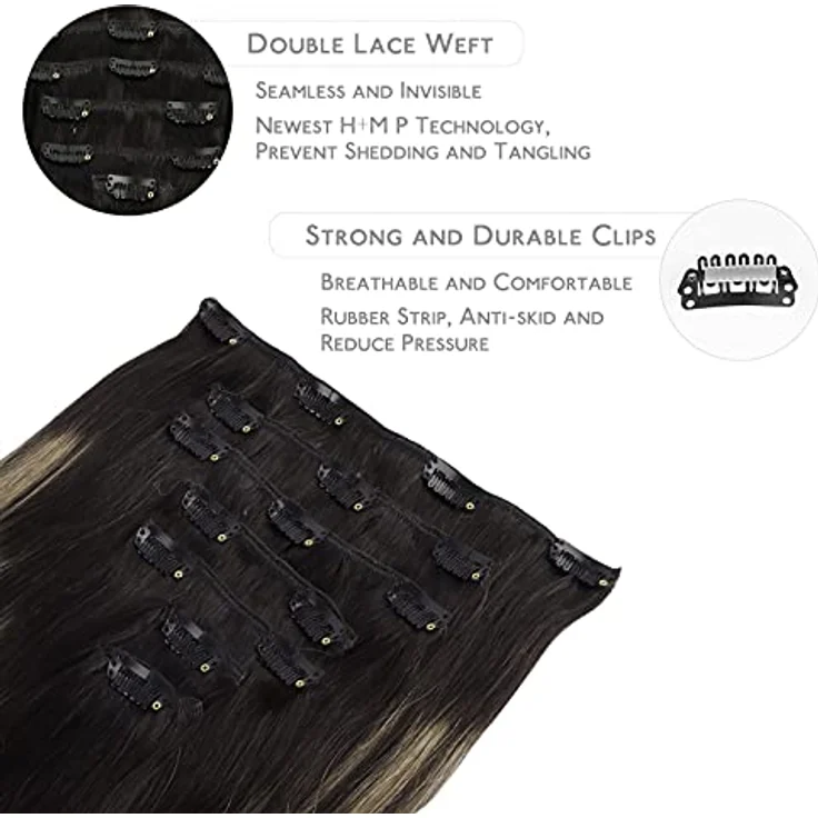 WENNALIFE Clip in Extensions Echthaar, 55cm 22 Zoll, 120g, 7pcs, Balayage Schwarz bis Hellblond, Remy Haarverlängerung – Bild 3