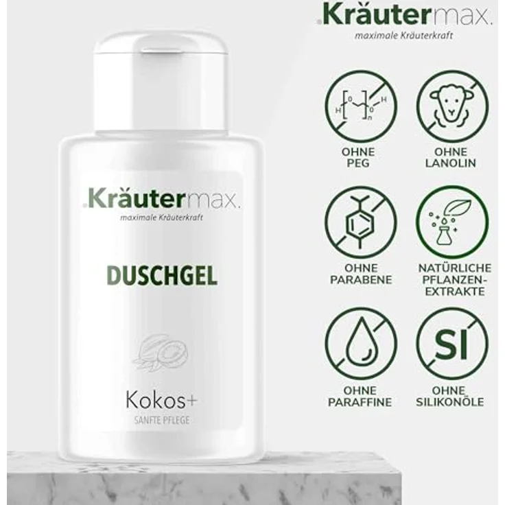 Kräutermax Kokos Duschgel, 250 ml mit natürlichen Extrakten, feuchtigkeitsspendend und hautschonend – Bild 2