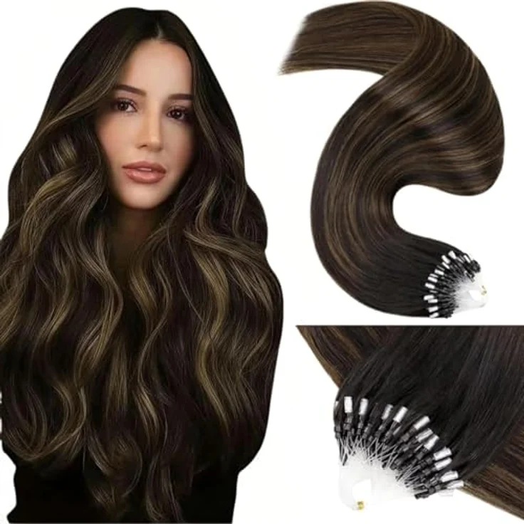 LaaVoo Microring Extensions Echthaar Braun Balayage, 40 cm, 50 g, Dunkelbraun mit Hellbraun, Remy Haar, wiederverwendbar, hitzestyling-fähig, #2/8/2 – Bild 1