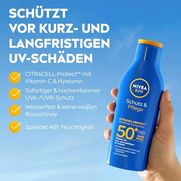 NIVEA SUN Schutz & Pflege Sonnenlotion LSF 50+, wasserfester Sonnenschutz mit Vitamin C & Hyaluron, 48h Feuchtigkeit ohne weiße Rückstände, 200 ml – Bild 2
