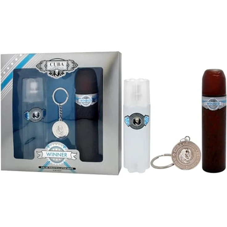 Cuba Cuba Winner 3-teiliges Herren Geschenkset, 100 ml EDT Spray, 100 ml After Shave, mit Schlüsselkette, holziger Duft – Bild 4