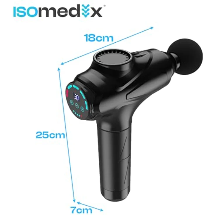 ISO TRADE ISOMEDIX Massagepistole, Schwarz, 30 Intensitätsstufen, 12 Massagaufsätze, ergonomisches Design, leises Arbeiten, Transportkoffer – Bild 8