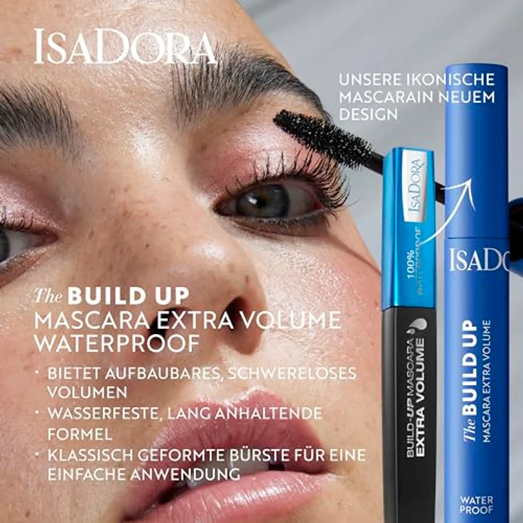 Isadora The Build Up Mascara Extra Volume (Black 01, 10 ml) - Aufbaubares Volumen, wischfest, klassisch geformte Bürste – Bild 3