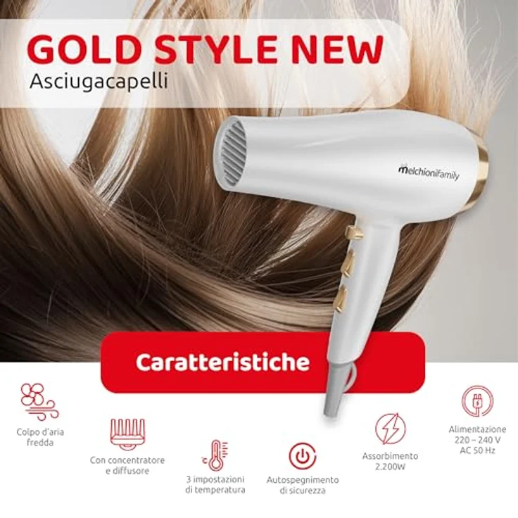 Melchioni GOLD STYLE NEW, Haartrockner 2200W mit Gleichstrommotor, 2 Geschwindigkeitsstufen, 3 Temperatureinstellungen und Kaltstufe, inkl. Konzentrator und Diffusor, Sicherheits-Autoschaltung – Bild 2