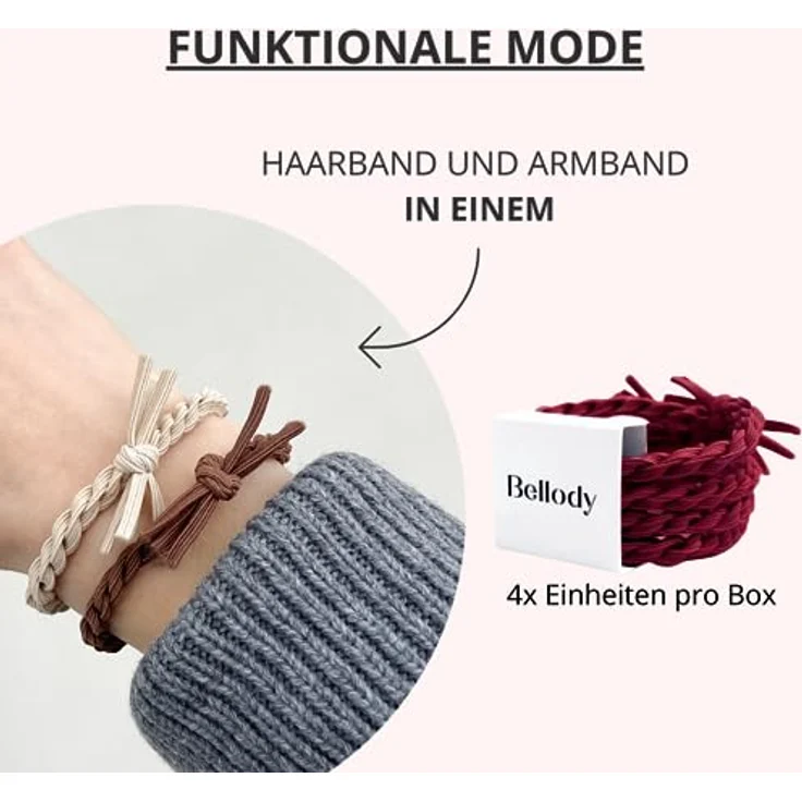 Bellody® Original Haargummis - Stylisch geflochtener Haargummi mit starkem Halt (4er Set - Bordeaux Red) - Damen Haarschmuck in Dunkel Rot – Bild 4