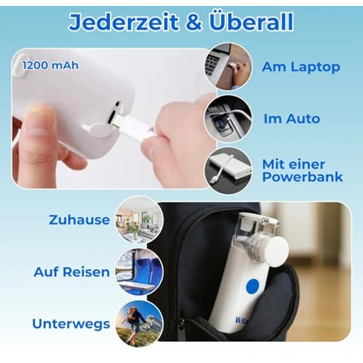 smartEC Witali Inhalationsgerät, tragbarer USB Vernebler mit MESH Technologie, leise 25-50 dB, inklusive Masken und Mundstück, 120 Minuten Akkulaufzeit, ideal für Kinder und Erwachsene – Bild 4