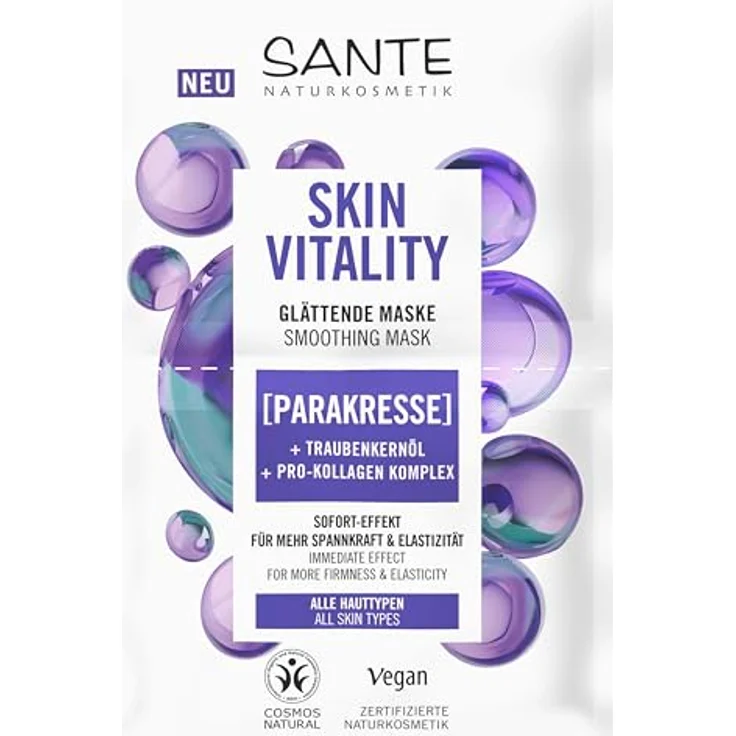 SANTE Naturkosmetik Skin Vitality Glättende Maske, revitalisierende Feuchtigkeitsmaske mit Parakresse, Traubenkernöl & Pro-Kollagen-Komplex, 8ml – Bild 1