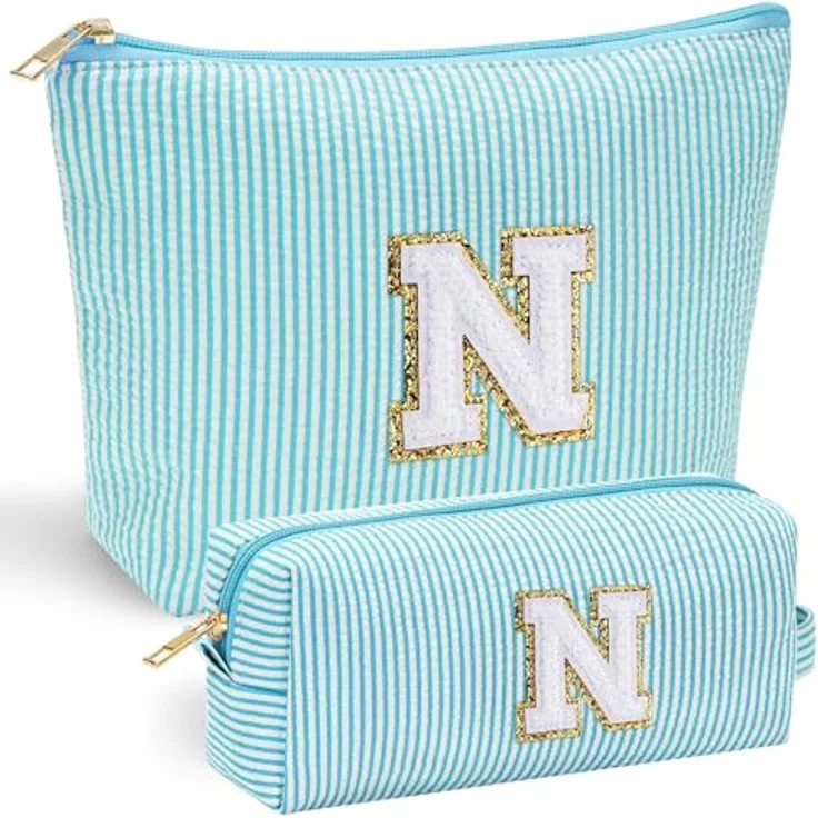 Parima Kosmetiktasche, personalisierte Kulturtasche mit Chenille-Buchstaben, blau und lila, 2er Set, ideale Größe für Reisen – Bild 1