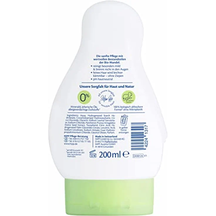 Hipp Babysanft Sensitive Babyshampoo für Körper und Haar, sanfte Reinigung ohne Austrocknen, 200 ml – Bild 2