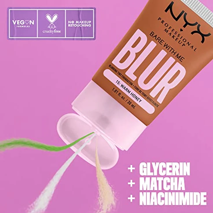NYX Professional Makeup Weichzeichnende Foundation mit mittlerer Deckkraft und mattem Finish, Bis zu 12 Stunden Pflege und Feuchtigkeit, Mit Niacinamiden, Bare with Me, Farbe: Warm Honey, 1 x 30 ml – Bild 2