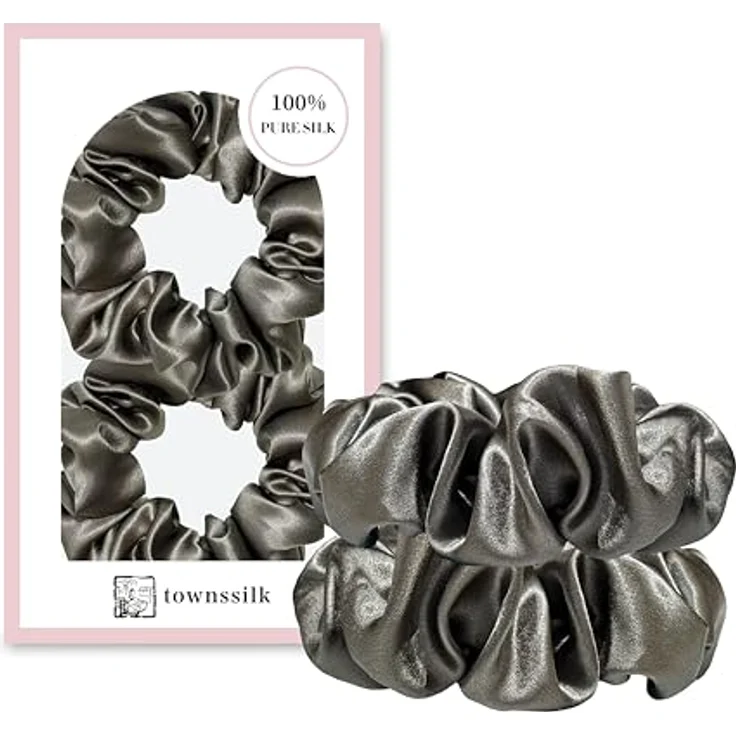 townssilk Seiden Scrunchie 2er-Set, 100% Maulbeerseide 6A/22 Momme, OEKO-TEX® zertifiziert, haarschonend & voluminös, elastisch ohne Abdrücke, IronGray – Bild 1