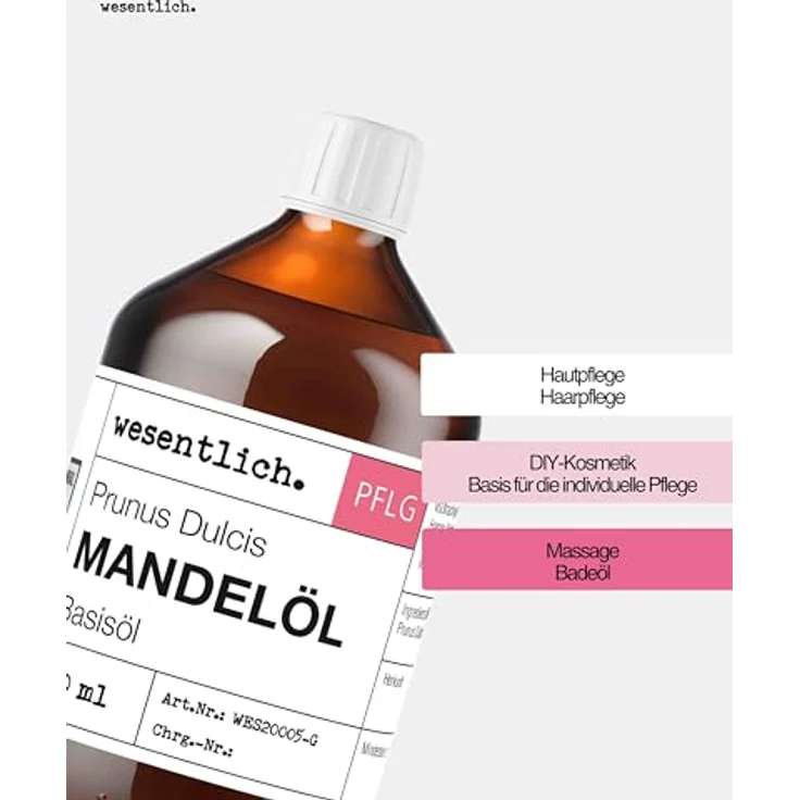 wesentlich. Mandelöl 500ml - 100% reines Basisöl für Haut, Haar und Gesicht - perfekte natürliche Pflege ohne Zusatzstoffe – Bild 2