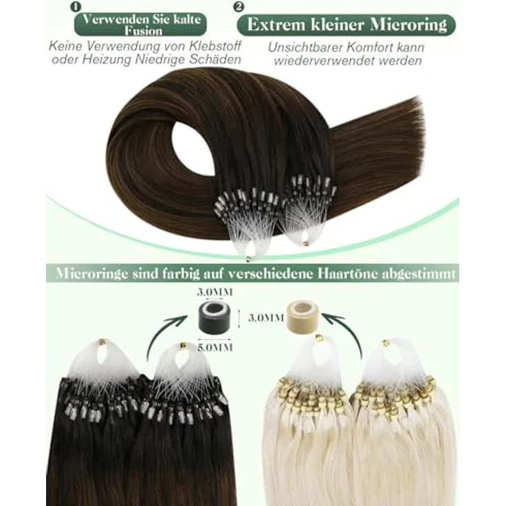 Ugeat Micro Ring Extensions Echthaar, Braun Ombre 50 cm, 50 Strähnen, Hitzefrei, Remy-Echthaar – Bild 3