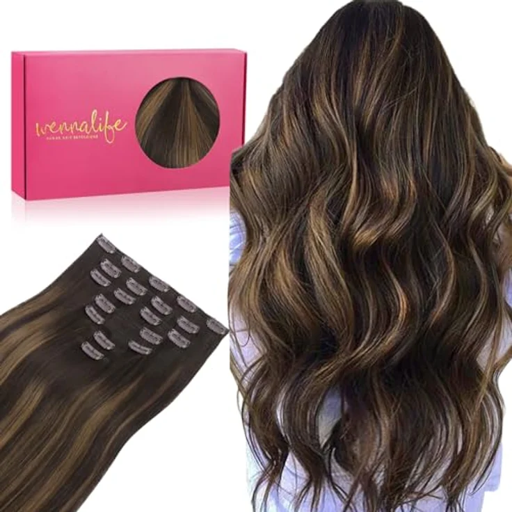 WENNALIFE Clip in Extensions Echthaar 35cm 120g 7pcs Balayage Dunkel Braun to Chestnut Braun Remy Haarverlängerung – Bild 1