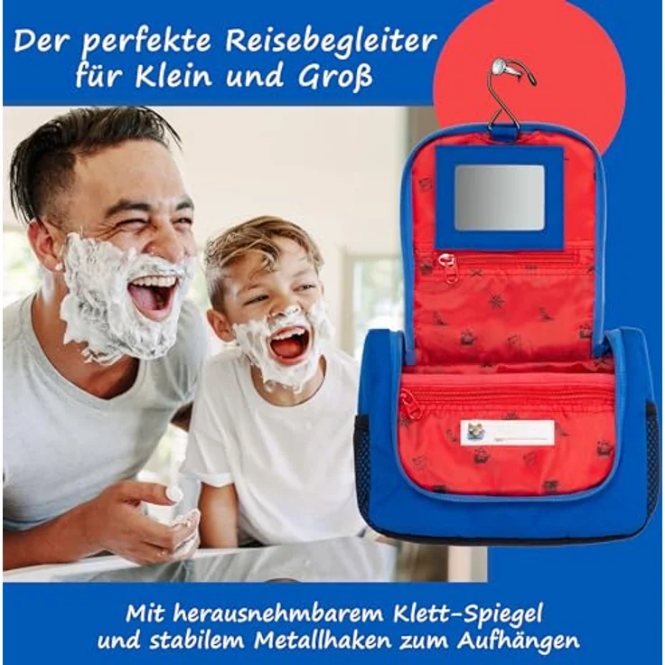 GRINSEZWERGE Kinder Kulturtasche, Reise Kulturbeutel zum Aufhängen mit großem Hauptfach, 4 Netztaschen, abnehmbarem Spiegel und stabilen Metallhaken, Premium Qualität, ideal als Geschenk für Mädchen und Jungen – Bild 3