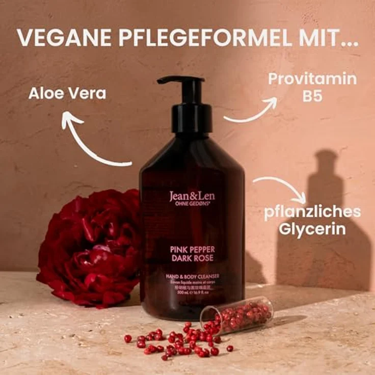Jean & Len Hand & Body Cleanser Pink Pepper & Dark Rose, vegane Flüssigseife mit sinnlich-floralem Duft, 500 ml – Bild 3