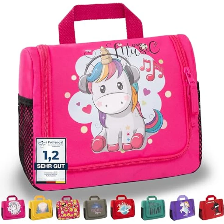 GRINSEZWERGE Kulturtasche für Kinder und Erwachsene, Reise Kulturbeutel mit 12 Motiven, große Kosmetiktasche zum Aufhängen, Waschbeutel mit 3 Reißverschlusstaschen und 4 Netztaschen, 25 x 20 x 8 cm – Bild 1
