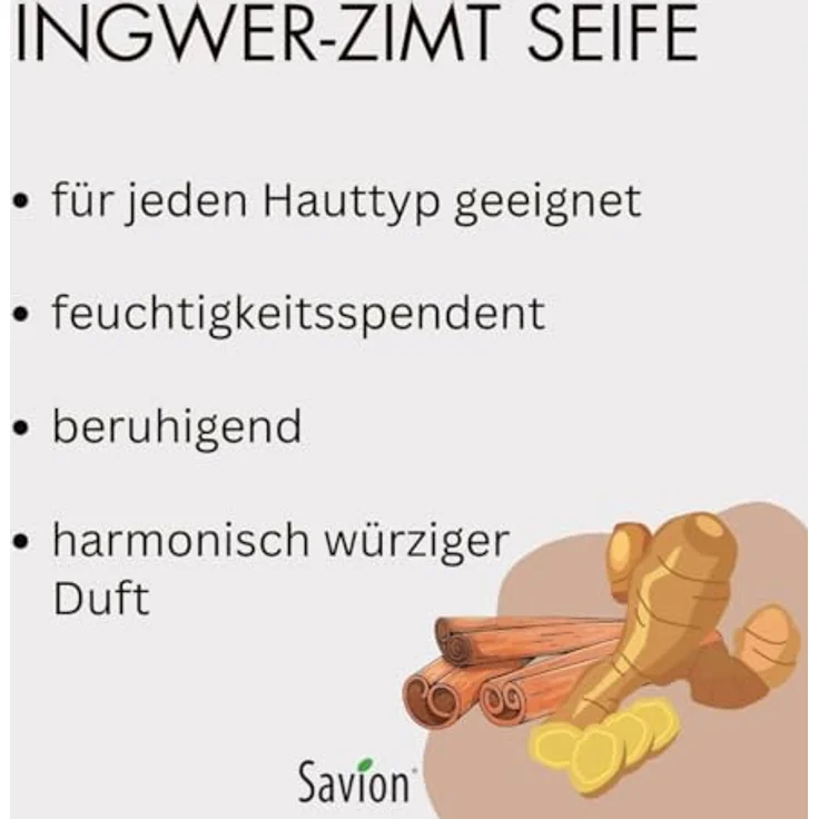 Savion Ingwer-Zimt Körperseife, Würzige Pflanzenölseife, Palmölfrei, Vegan, Tierversuchsfrei, 80g – Bild 3