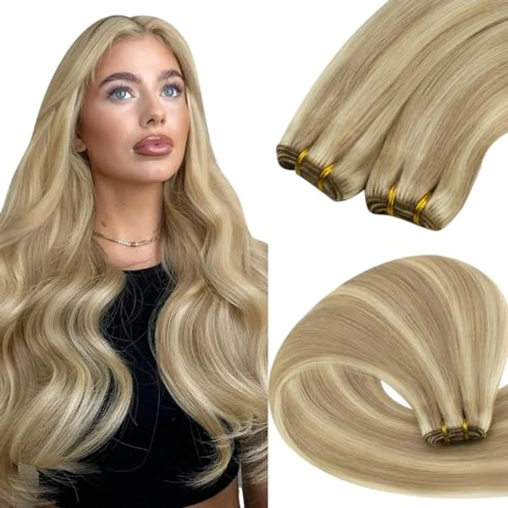 YoungSee Echthaar Tressen Goldblond, 100g, 45cm Weaving Extensions, Remy Doppelt Tressen #16/22 – Bild 1