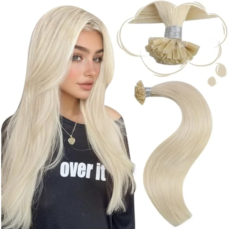 Moresoo Keratin Bonding Extensions Echthaar, Nahtlos, Platinblond, 60 cm, 50 g – Bild 1