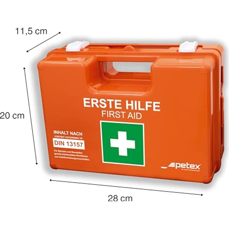 Petex Erste-Hilfe-Koffer Profi DIN 13157, Kunststoffkoffer mit Tragegriff, 280 x 115 x 200 mm, orange, wassergeschützt – Bild 2