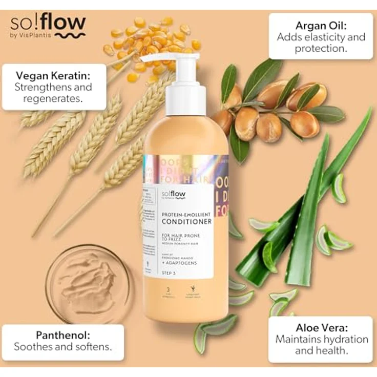Vis Plantis So!Flow Protein-Emollient Conditioner, 400ml für mittelporiges und krauses Haar, vegan, mit Arganöl und Aloe Vera – Bild 3