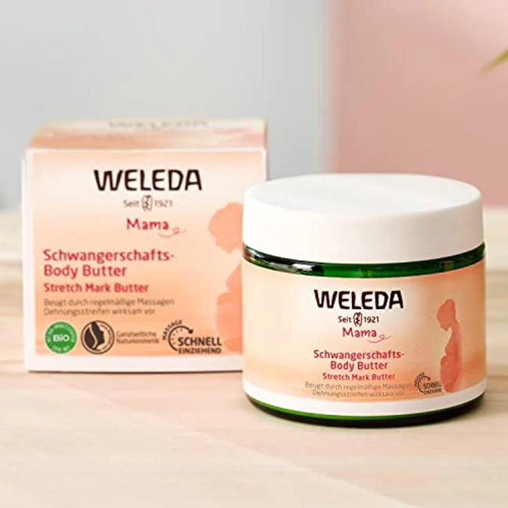 WELEDA Bio Mama Schwangerschaft Body Butter – vegane Naturkosmetik Babybauch Massage Körperbutter zur Dehnungsstreifen Vorbeugung. Hautpflege Körpercreme mit Sheabutter & Kakaobutter (1x 150ml) – Bild 3