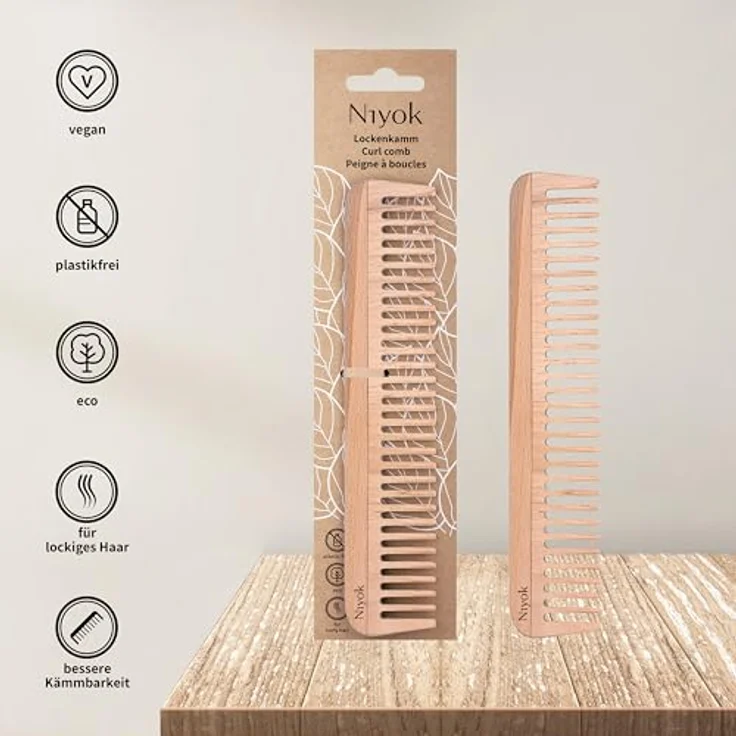 Niyok Lockenkamm Holz • Natürlicher Buchenholz Haarkamm • Grobe Zähne • Plastikfrei & nachhaltig • Universal-Kamm für jeden Haartyp • Speziell für Locken – Bild 3