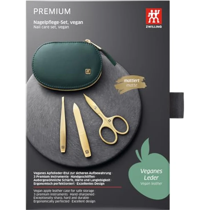 ZWILLING Maniküre Pediküre Set 3tlg., Kombi-Nagelschere, veganes Apfelleder-Etui, grün, rostfreier Edelstahl mit goldener PVD-Beschichtung – Bild 5