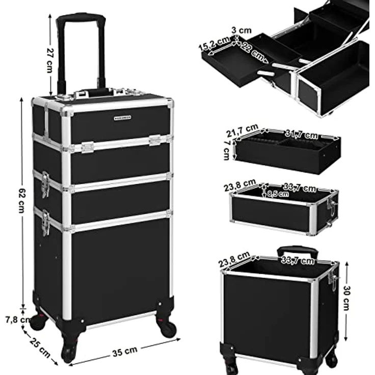 SONGMICS Kosmetikkoffer, Trolley, 3-in-1 Schminkkoffer, groß, abschließbar, 360° drehbare Rollen, für Reisen, schwarz JHZ01B – Bild 5
