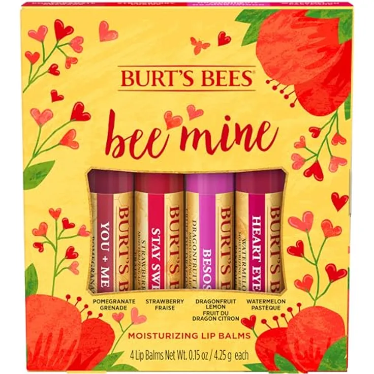 Burt's Bees Bee Mine Lip Balm 4-Pack, 4 x 4,25 g, fruchtige Geschmacksrichtungen: Wassermelone, Drachenfrucht-Zitrone, Erdbeere, Granatapfel, 100 % natürliche Inhaltsstoffe