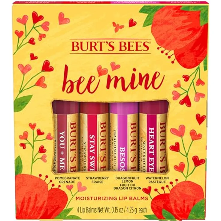 Burt's Bees Bee Mine Lip Balm 4-Pack, 4 x 4,25 g, fruchtige Geschmacksrichtungen: Wassermelone, Drachenfrucht-Zitrone, Erdbeere, Granatapfel, 100 % natürliche Inhaltsstoffe – Bild 1