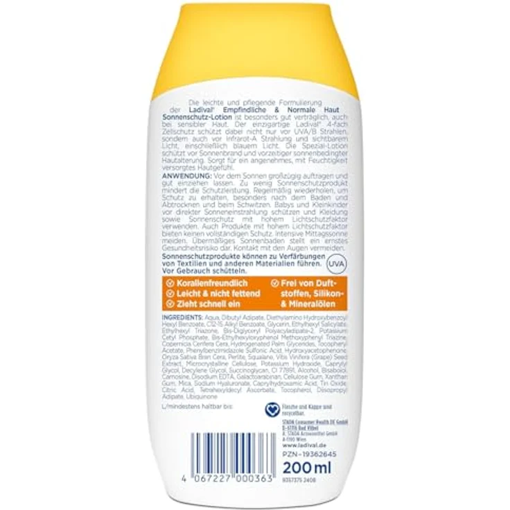 LADIVAL Sonnenschutz Lotion LSF 50, wasserfest, feuchtigkeitsspendend, 4-fach Zellschutz, 200ml für empfindliche und normale Haut – Bild 2